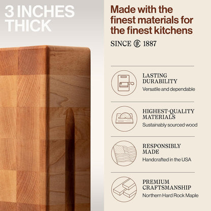 CCB Series Square Wooden Maple Cutting Board 12”x12” – 3” Thick, 13-lb Reversible Butcher Block with End-Grain & Finger Grips – Made in the USA