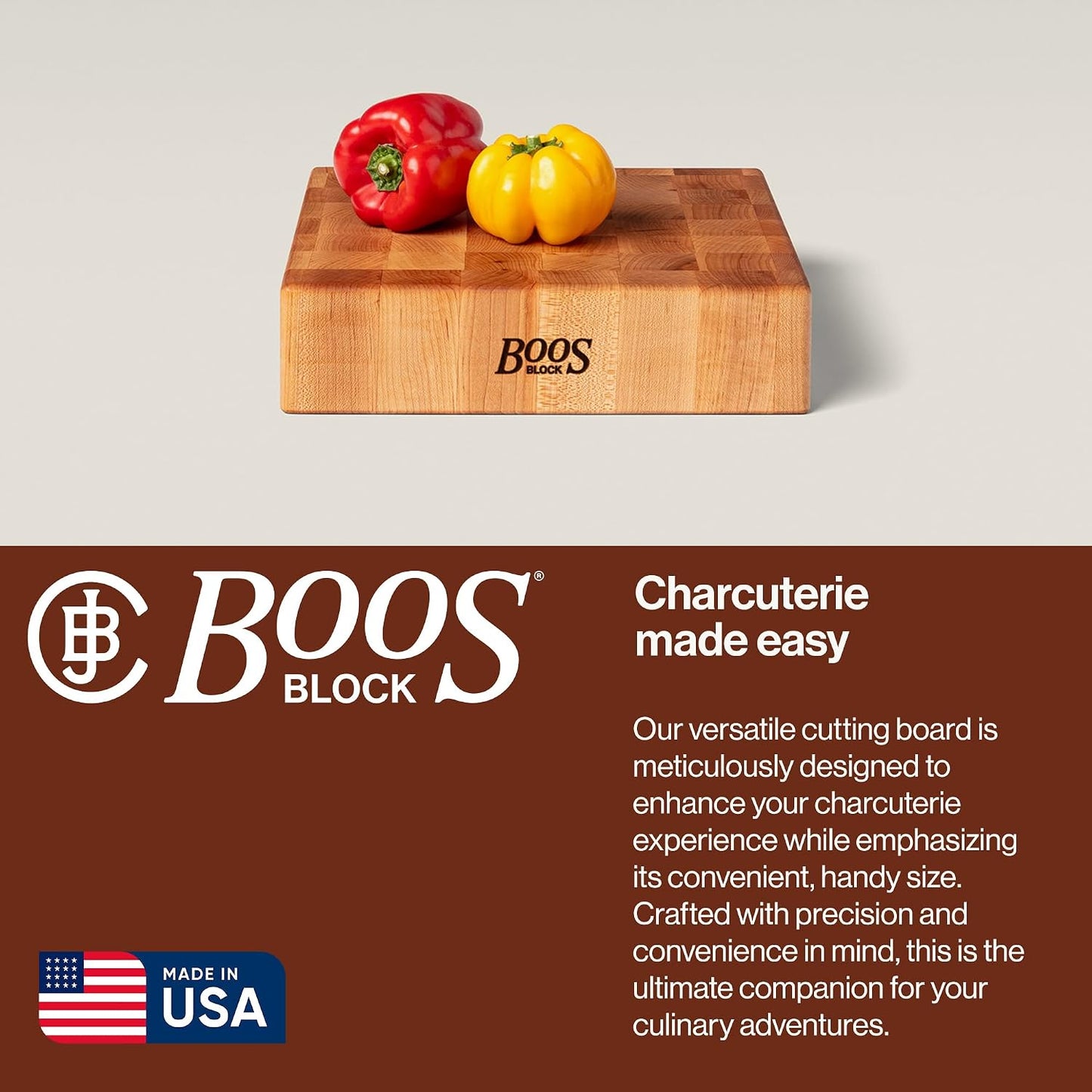CCB Series Square Wooden Maple Cutting Board 12”x12” – 3” Thick, 13-lb Reversible Butcher Block with End-Grain & Finger Grips – Made in the USA