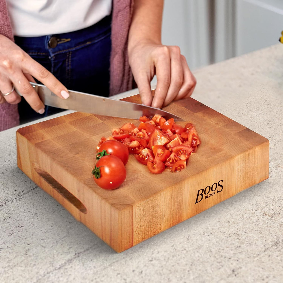 CCB Series Square Wooden Maple Cutting Board 12”x12” – 3” Thick, 13-lb Reversible Butcher Block with End-Grain & Finger Grips – Made in the USA