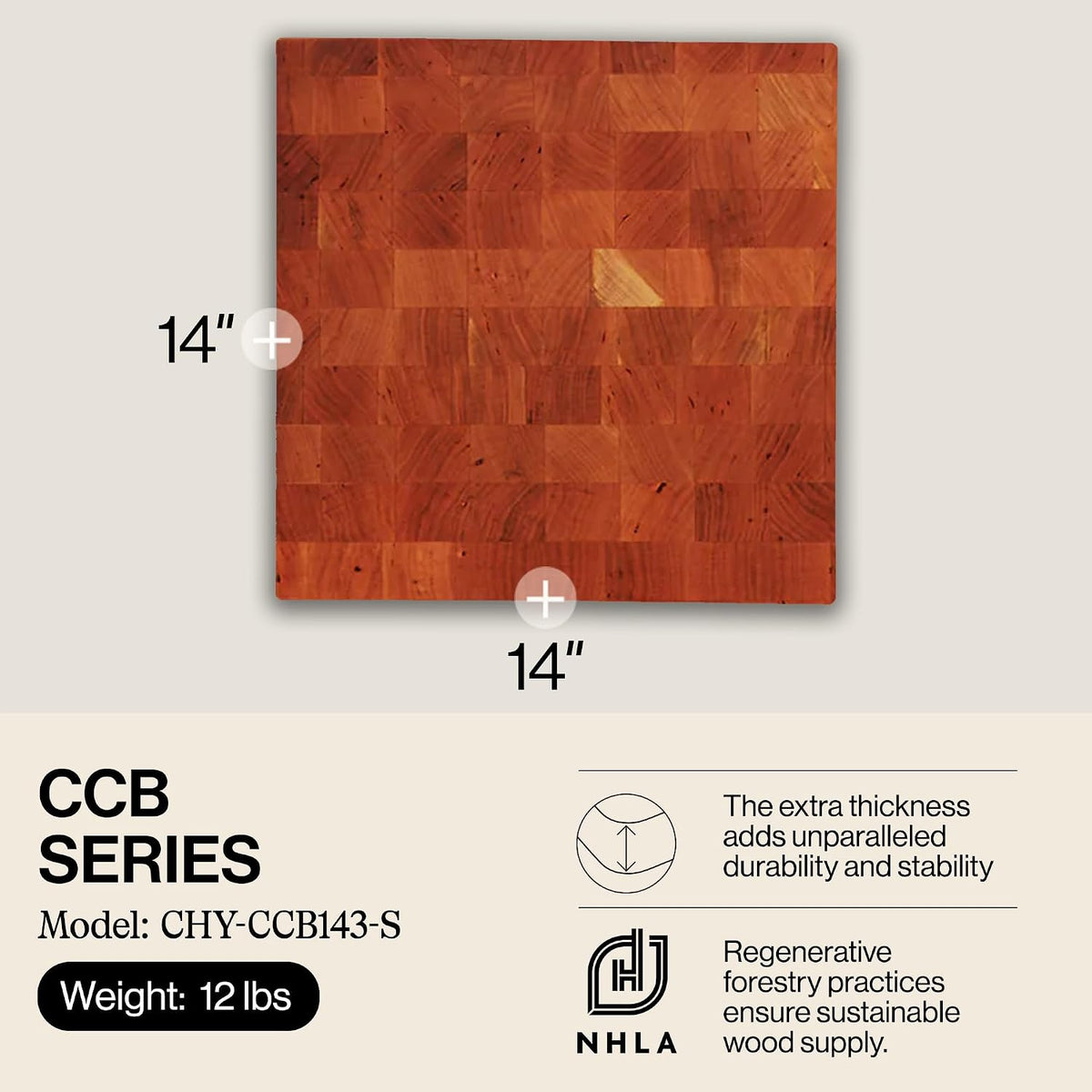 CCB Series Square Wooden Maple Cutting Board 12”x12” – 3” Thick, 13-lb Reversible Butcher Block with End-Grain & Finger Grips – Made in the USA