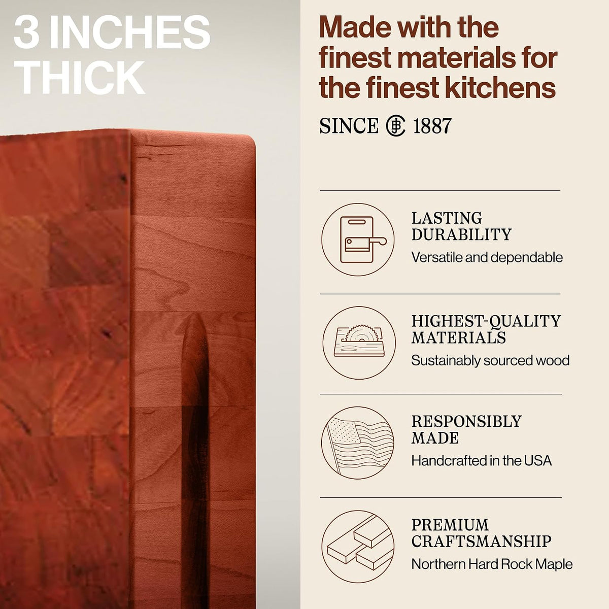 CCB Series Square Wooden Maple Cutting Board 12”x12” – 3” Thick, 13-lb Reversible Butcher Block with End-Grain & Finger Grips – Made in the USA