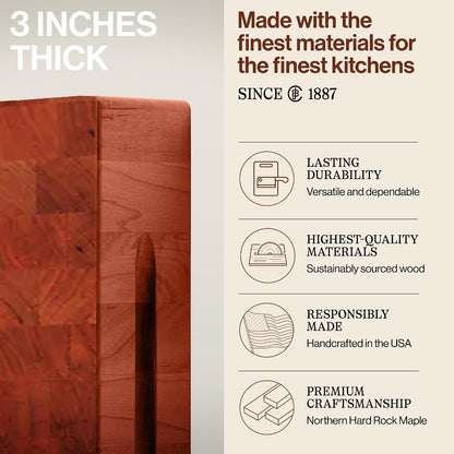 CCB Series Square Wooden Maple Cutting Board 12”x12” – 3” Thick, 13-lb Reversible Butcher Block with End-Grain & Finger Grips – Made in the USA