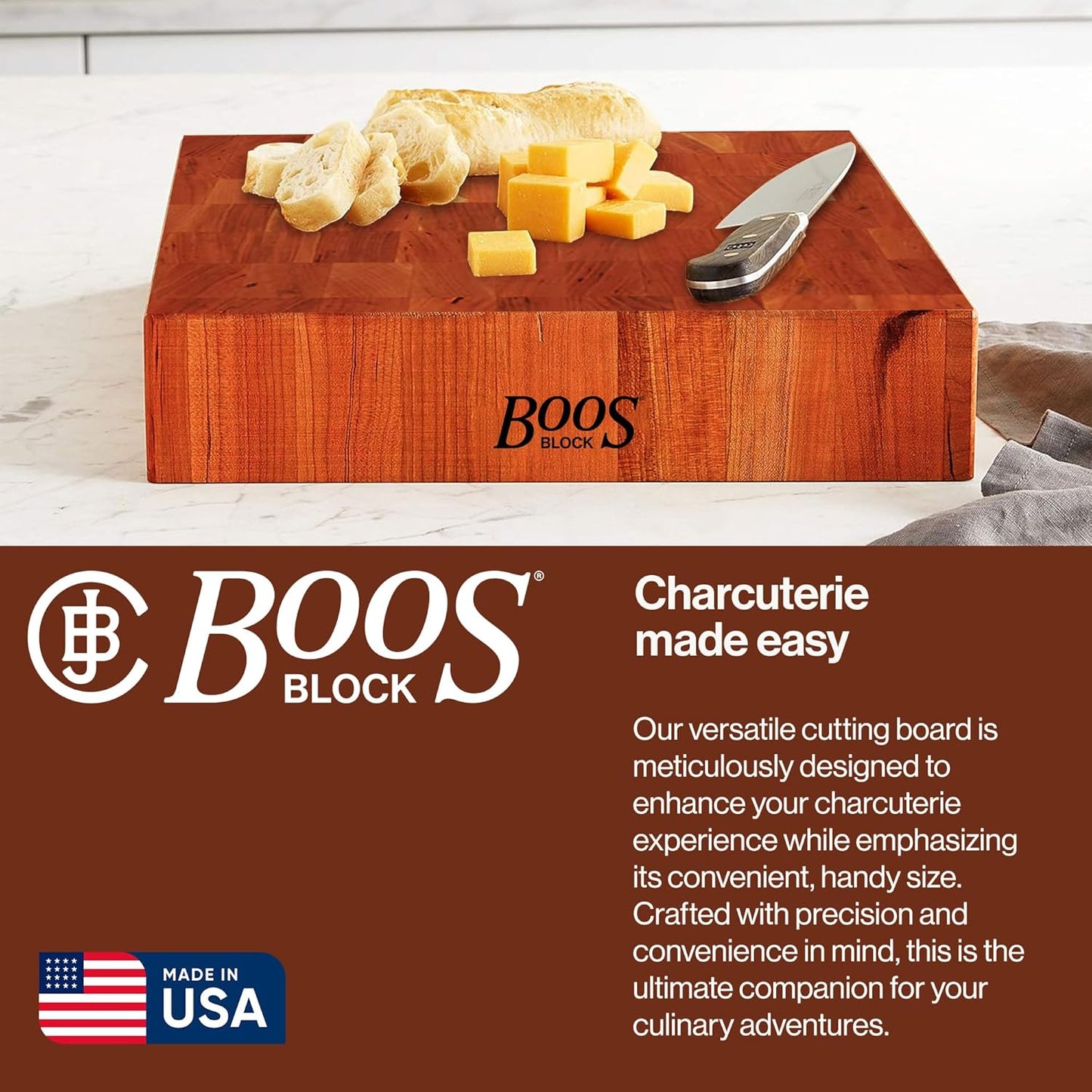CCB Series Square Wooden Maple Cutting Board 12”x12” – 3” Thick, 13-lb Reversible Butcher Block with End-Grain & Finger Grips – Made in the USA