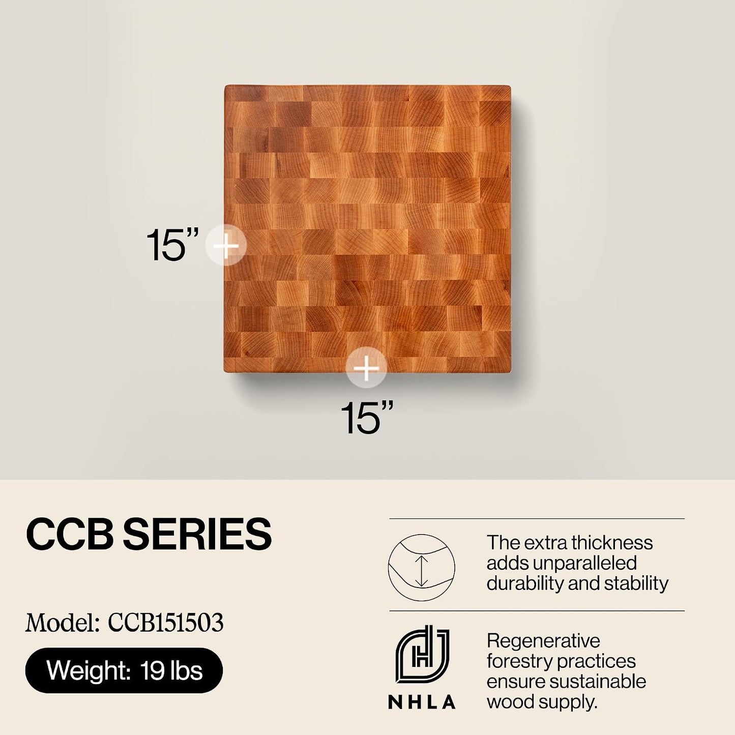CCB Series Square Wooden Maple Cutting Board 12”x12” – 3” Thick, 13-lb Reversible Butcher Block with End-Grain & Finger Grips – Made in the USA