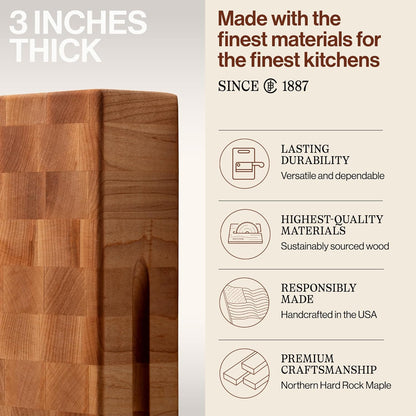 CCB Series Square Wooden Maple Cutting Board 12”x12” – 3” Thick, 13-lb Reversible Butcher Block with End-Grain & Finger Grips – Made in the USA