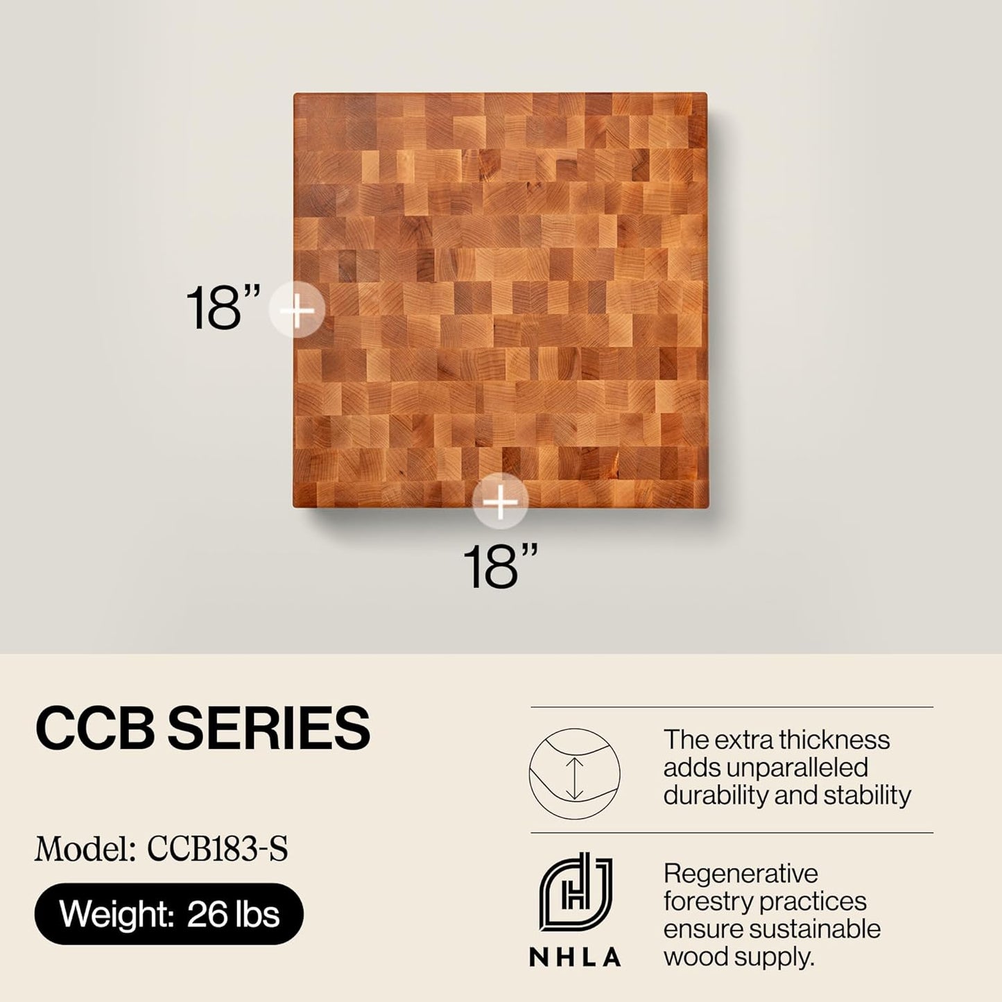 CCB Series Square Wooden Maple Cutting Board 12”x12” – 3” Thick, 13-lb Reversible Butcher Block with End-Grain & Finger Grips – Made in the USA