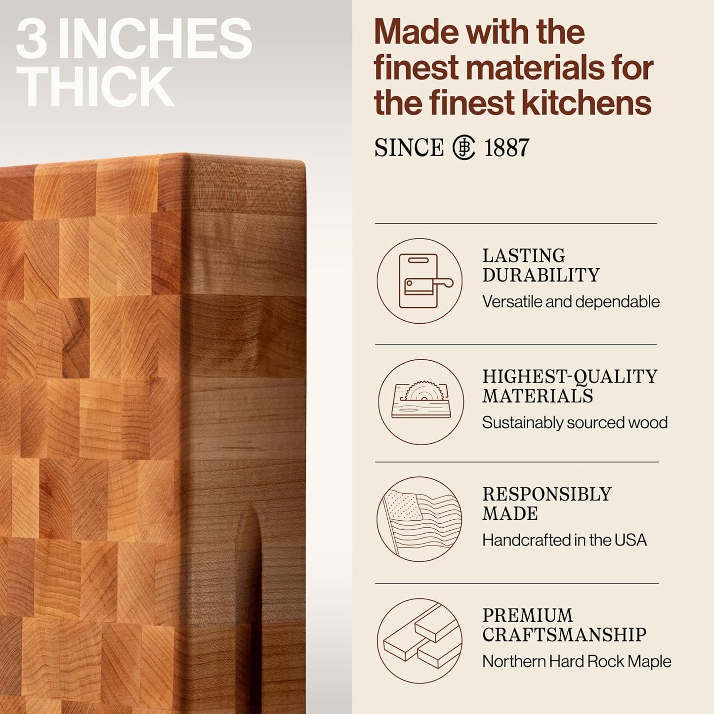 CCB Series Square Wooden Maple Cutting Board 12”x12” – 3” Thick, 13-lb Reversible Butcher Block with End-Grain & Finger Grips – Made in the USA
