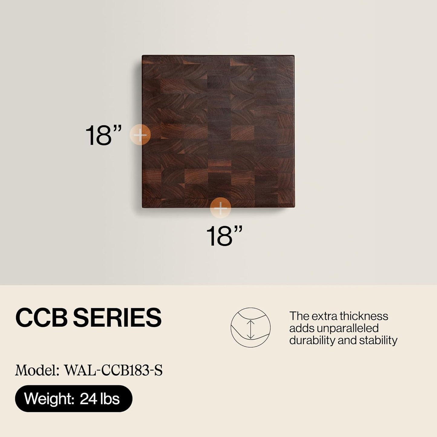 CCB Series Square Wooden Maple Cutting Board 12”x12” – 3” Thick, 13-lb Reversible Butcher Block with End-Grain & Finger Grips – Made in the USA