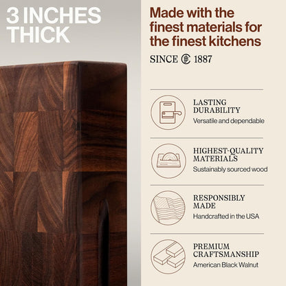 CCB Series Square Wooden Maple Cutting Board 12”x12” – 3” Thick, 13-lb Reversible Butcher Block with End-Grain & Finger Grips – Made in the USA