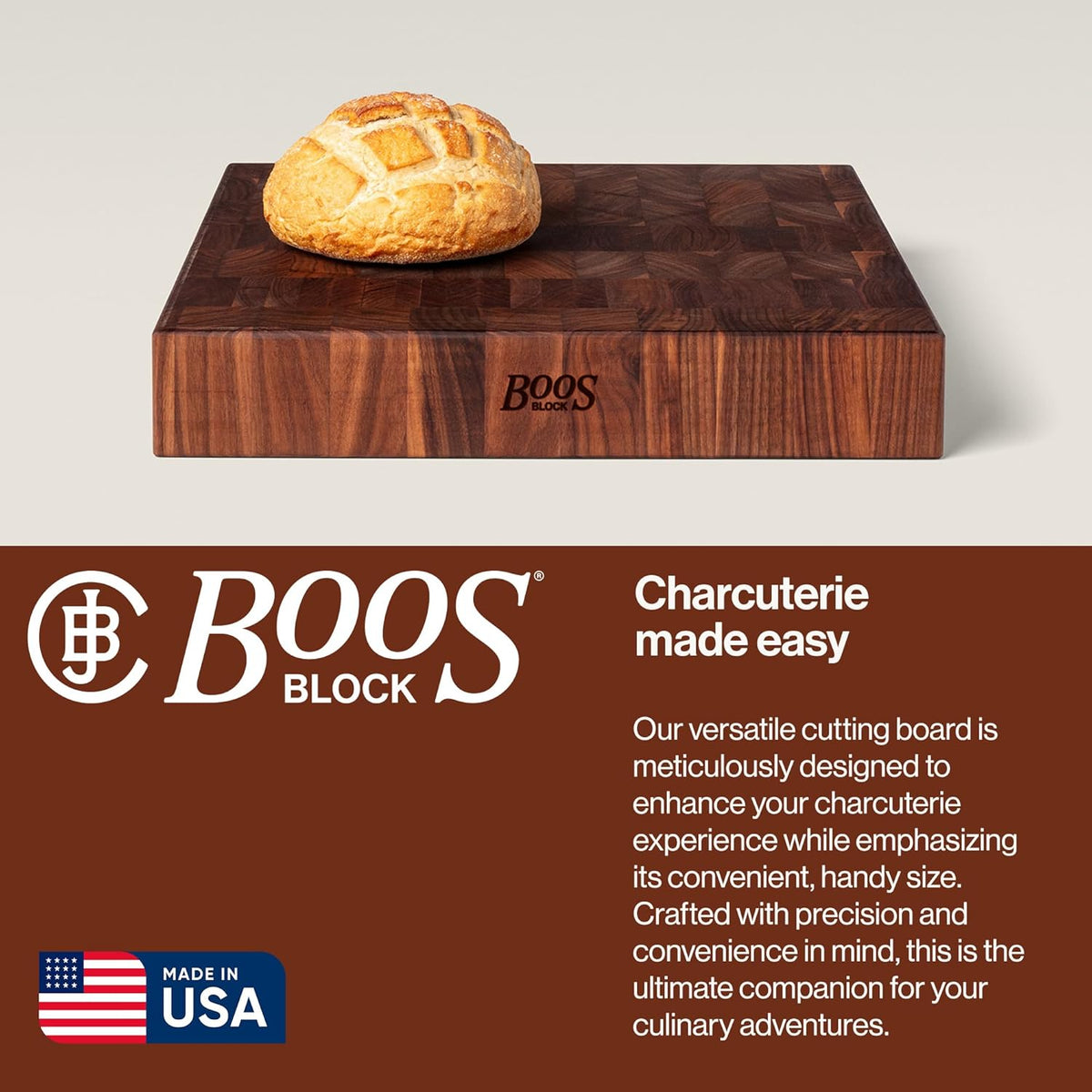 CCB Series Square Wooden Maple Cutting Board 12”x12” – 3” Thick, 13-lb Reversible Butcher Block with End-Grain & Finger Grips – Made in the USA