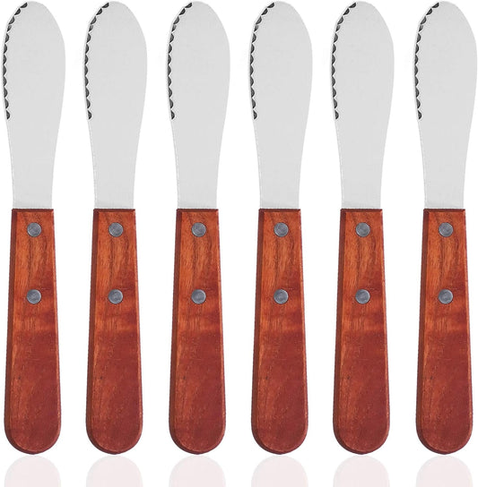 8 Inch Stainless Steel Butter Spreader, 6 Pack, Wood Handle | Straight Edge, Wide, Sandwich Cream Cheese Condiment Knives