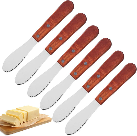 8 Inch Stainless Steel Butter Spreader, 6 Pack, Wood Handle | Straight Edge, Wide, Sandwich Cream Cheese Condiment Knives