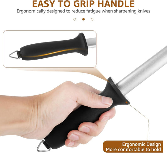 12 In Diamond Knife Sharpening Steel Rod Solid Carbide Sharpener Portable Knife Blade Sharpener Rod Stick Safe Diamond Honing Steel Efficient Knife Sharpening Rod for Honing Knife Blades Garden Tools