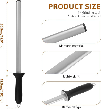 12 In Diamond Knife Sharpening Steel Rod Solid Carbide Sharpener Portable Knife Blade Sharpener Rod Stick Safe Diamond Honing Steel Efficient Knife Sharpening Rod for Honing Knife Blades Garden Tools