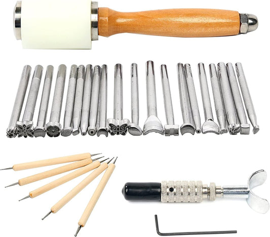 20pcs Leather Carving Working Saddle Making Tools Set Nylon Hammer Swivel Knife DIY Leather Craft Modelling Kit