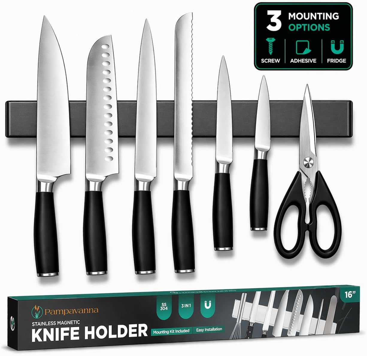 Magnetic Knife Holder 16 Inch Gunmetal – Exclusive Color Stainless Steel Strip, Rack & Bar for Wall or Fridge, No Drill Adhesive Kitchen Organizer, Premium Gift