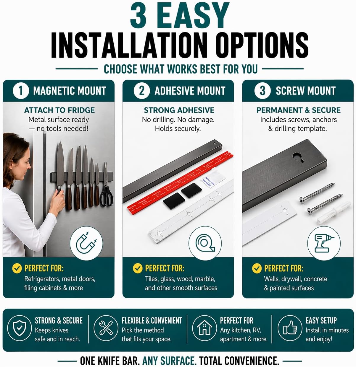 Magnetic Knife Holder 16 Inch Gunmetal – Exclusive Color Stainless Steel Strip, Rack & Bar for Wall or Fridge, No Drill Adhesive Kitchen Organizer, Premium Gift