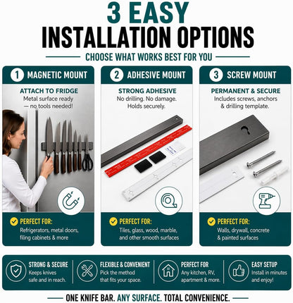 Magnetic Knife Holder 16 Inch Gunmetal – Exclusive Color Stainless Steel Strip, Rack & Bar for Wall or Fridge, No Drill Adhesive Kitchen Organizer, Premium Gift