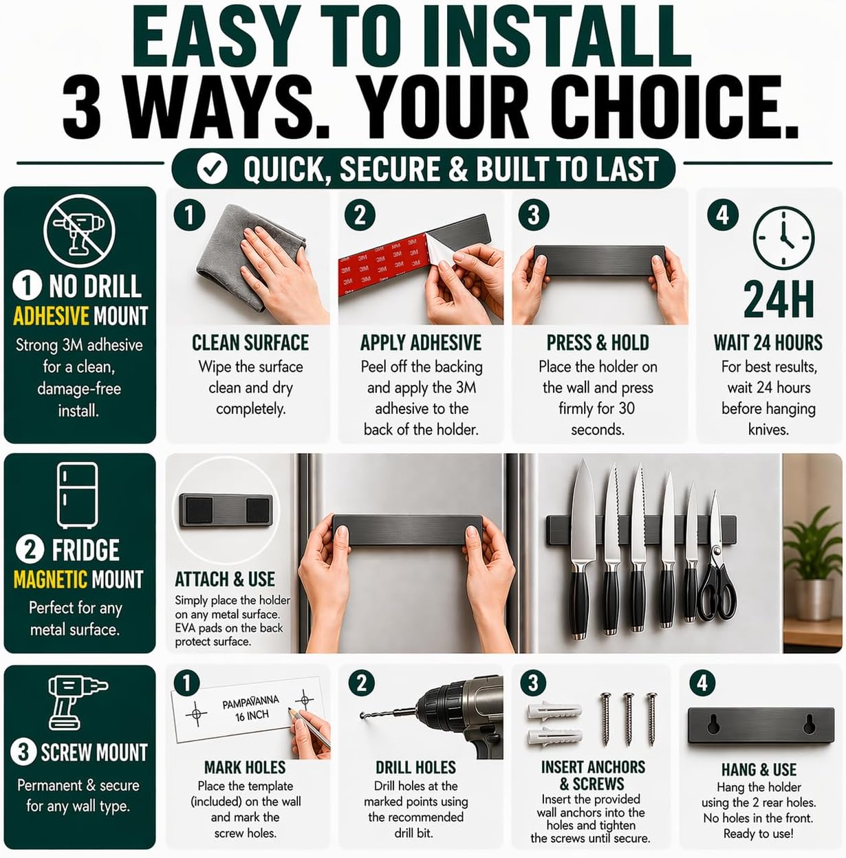 Magnetic Knife Holder 16 Inch Gunmetal – Exclusive Color Stainless Steel Strip, Rack & Bar for Wall or Fridge, No Drill Adhesive Kitchen Organizer, Premium Gift