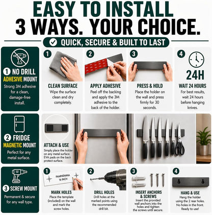 Magnetic Knife Holder 16 Inch Gunmetal – Exclusive Color Stainless Steel Strip, Rack & Bar for Wall or Fridge, No Drill Adhesive Kitchen Organizer, Premium Gift