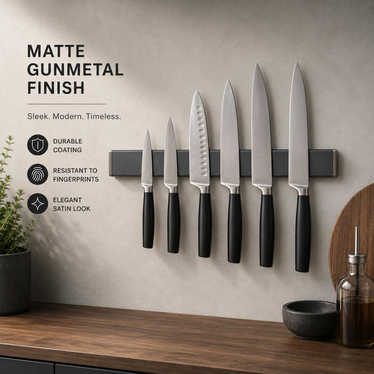 Magnetic Knife Holder 16 Inch Gunmetal – Exclusive Color Stainless Steel Strip, Rack & Bar for Wall or Fridge, No Drill Adhesive Kitchen Organizer, Premium Gift