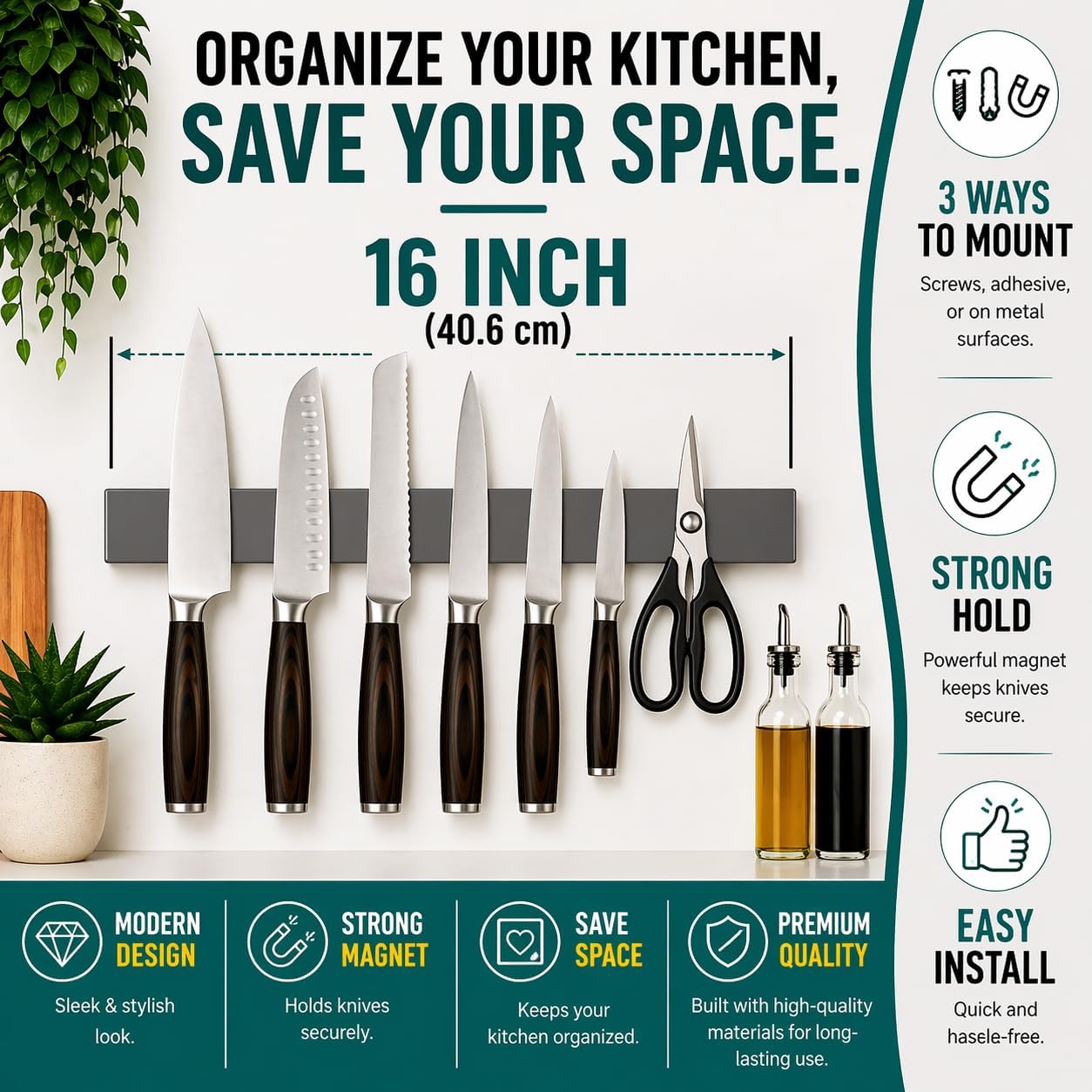 Magnetic Knife Holder 16 Inch Gunmetal – Exclusive Color Stainless Steel Strip, Rack & Bar for Wall or Fridge, No Drill Adhesive Kitchen Organizer, Premium Gift