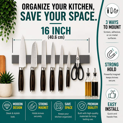 Magnetic Knife Holder 16 Inch Gunmetal – Exclusive Color Stainless Steel Strip, Rack & Bar for Wall or Fridge, No Drill Adhesive Kitchen Organizer, Premium Gift