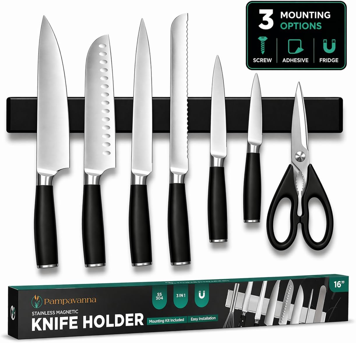 Magnetic Knife Holder 16 Inch Gunmetal – Exclusive Color Stainless Steel Strip, Rack & Bar for Wall or Fridge, No Drill Adhesive Kitchen Organizer, Premium Gift
