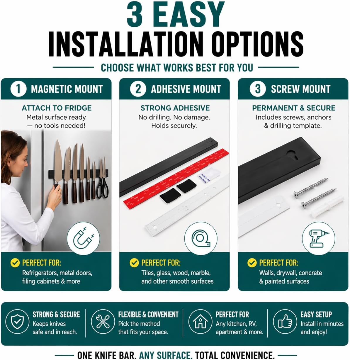 Magnetic Knife Holder 16 Inch Gunmetal – Exclusive Color Stainless Steel Strip, Rack & Bar for Wall or Fridge, No Drill Adhesive Kitchen Organizer, Premium Gift