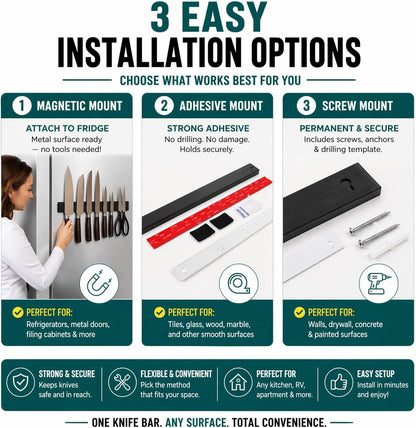 Magnetic Knife Holder 16 Inch Gunmetal – Exclusive Color Stainless Steel Strip, Rack & Bar for Wall or Fridge, No Drill Adhesive Kitchen Organizer, Premium Gift