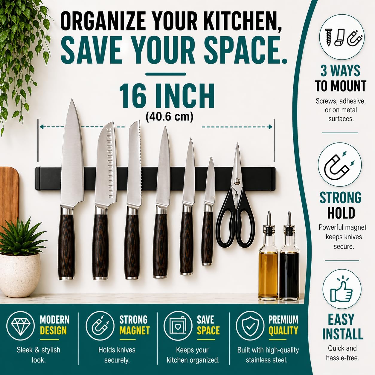 Magnetic Knife Holder 16 Inch Gunmetal – Exclusive Color Stainless Steel Strip, Rack & Bar for Wall or Fridge, No Drill Adhesive Kitchen Organizer, Premium Gift