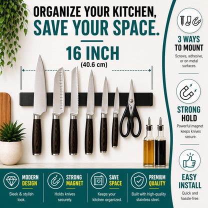 Magnetic Knife Holder 16 Inch Gunmetal – Exclusive Color Stainless Steel Strip, Rack & Bar for Wall or Fridge, No Drill Adhesive Kitchen Organizer, Premium Gift