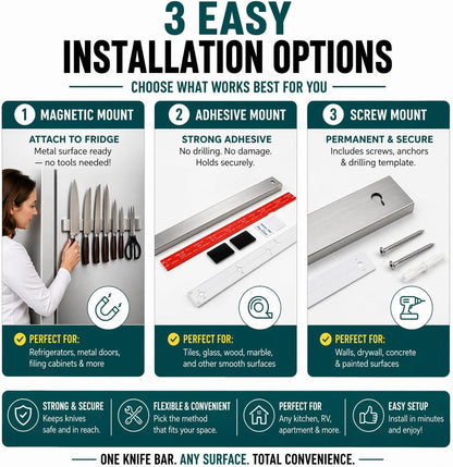 Magnetic Knife Holder 16 Inch Gunmetal – Exclusive Color Stainless Steel Strip, Rack & Bar for Wall or Fridge, No Drill Adhesive Kitchen Organizer, Premium Gift