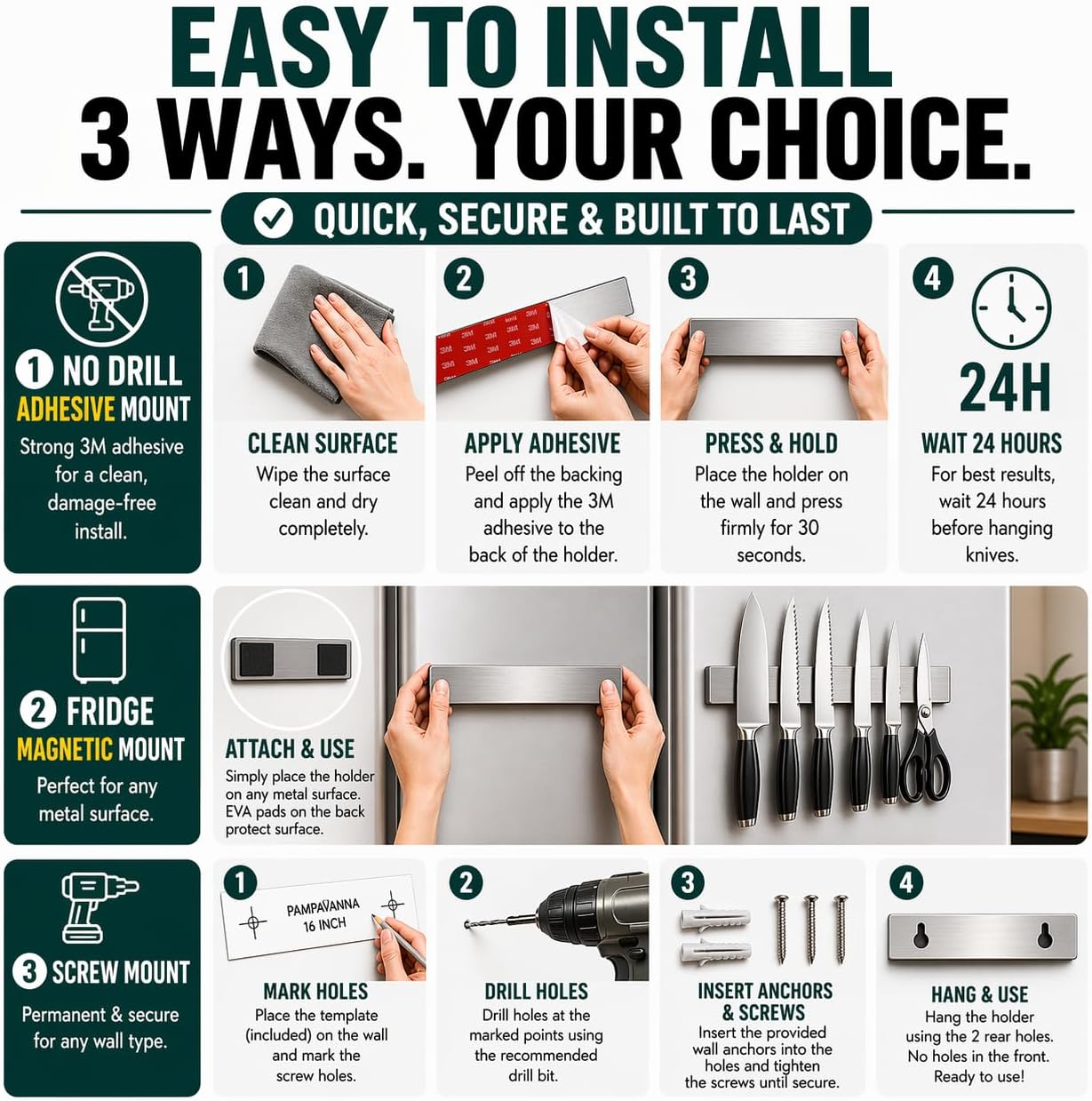 Magnetic Knife Holder 16 Inch Gunmetal – Exclusive Color Stainless Steel Strip, Rack & Bar for Wall or Fridge, No Drill Adhesive Kitchen Organizer, Premium Gift