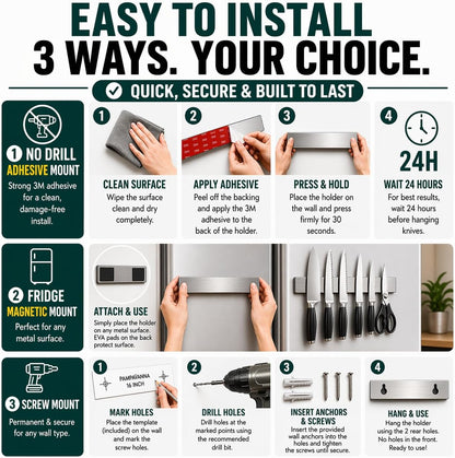 Magnetic Knife Holder 16 Inch Gunmetal – Exclusive Color Stainless Steel Strip, Rack & Bar for Wall or Fridge, No Drill Adhesive Kitchen Organizer, Premium Gift