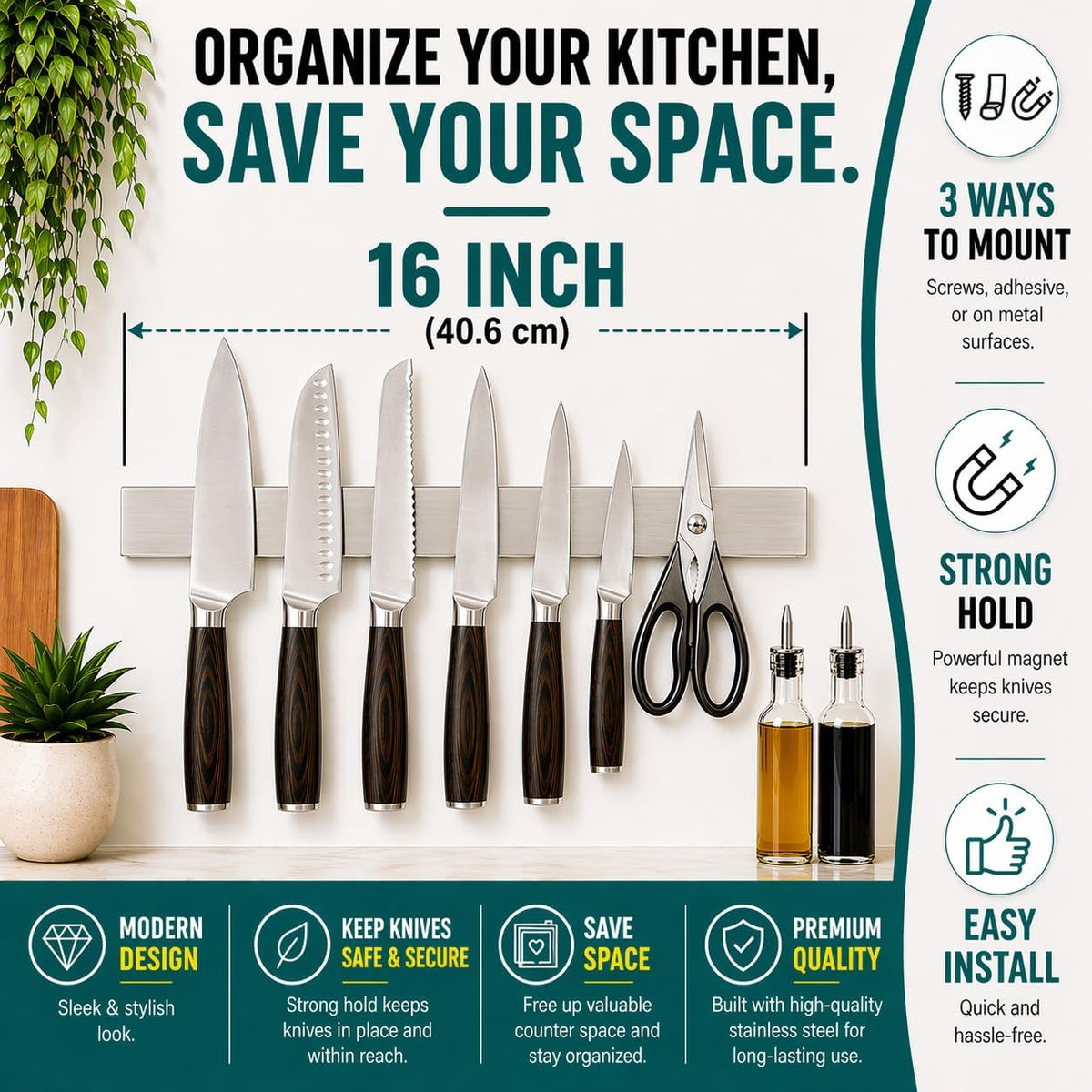 Magnetic Knife Holder 16 Inch Gunmetal – Exclusive Color Stainless Steel Strip, Rack & Bar for Wall or Fridge, No Drill Adhesive Kitchen Organizer, Premium Gift