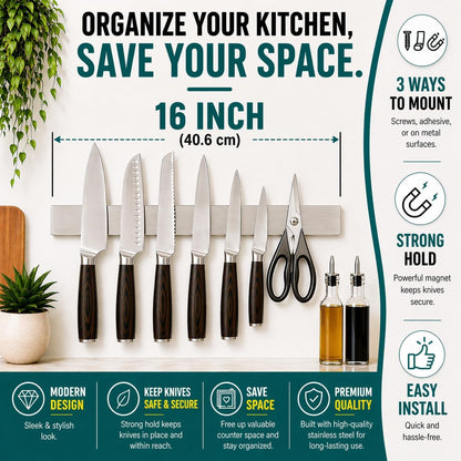Magnetic Knife Holder 16 Inch Gunmetal – Exclusive Color Stainless Steel Strip, Rack & Bar for Wall or Fridge, No Drill Adhesive Kitchen Organizer, Premium Gift