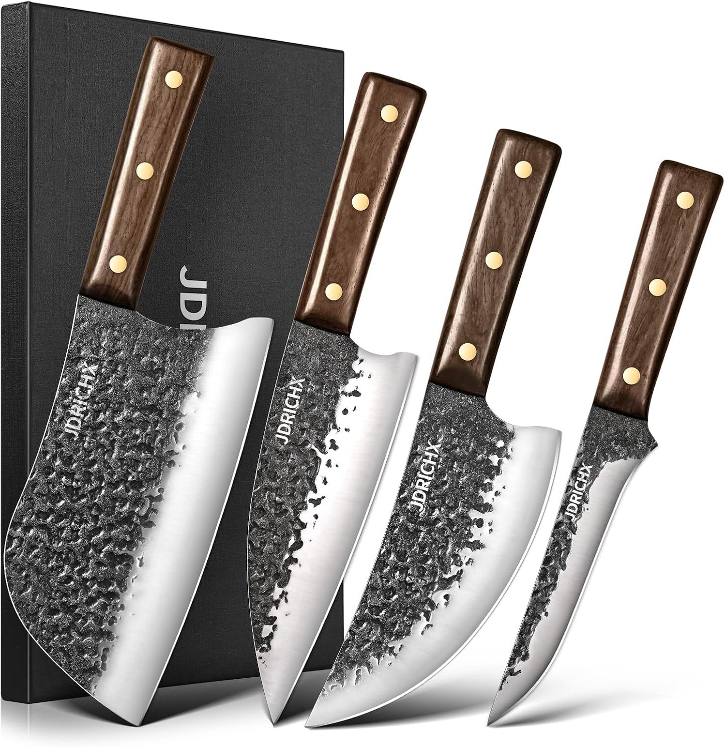 4-Piece Hand Forged Butcher Knife Set with High Carbon Steel | Full Tang Meat Cleaver Set for Bone Cutting, BBQ, Meat Preparation and Outdoor Cooking
