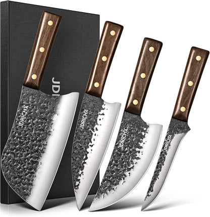 4-Piece Hand Forged Butcher Knife Set with High Carbon Steel | Full Tang Meat Cleaver Set for Bone Cutting, BBQ, Meat Preparation and Outdoor Cooking