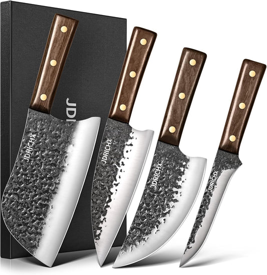 4-Piece Hand Forged Butcher Knife Set with High Carbon Steel | Full Tang Meat Cleaver Set for Bone Cutting, BBQ, Meat Preparation and Outdoor Cooking