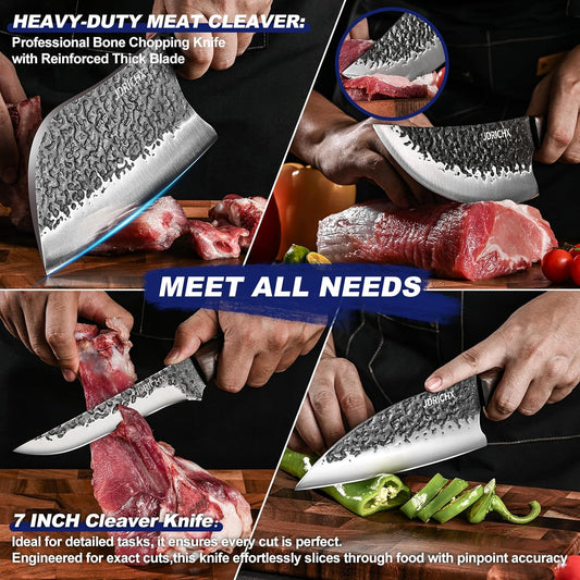 4-Piece Hand Forged Butcher Knife Set with High Carbon Steel | Full Tang Meat Cleaver Set for Bone Cutting, BBQ, Meat Preparation and Outdoor Cooking
