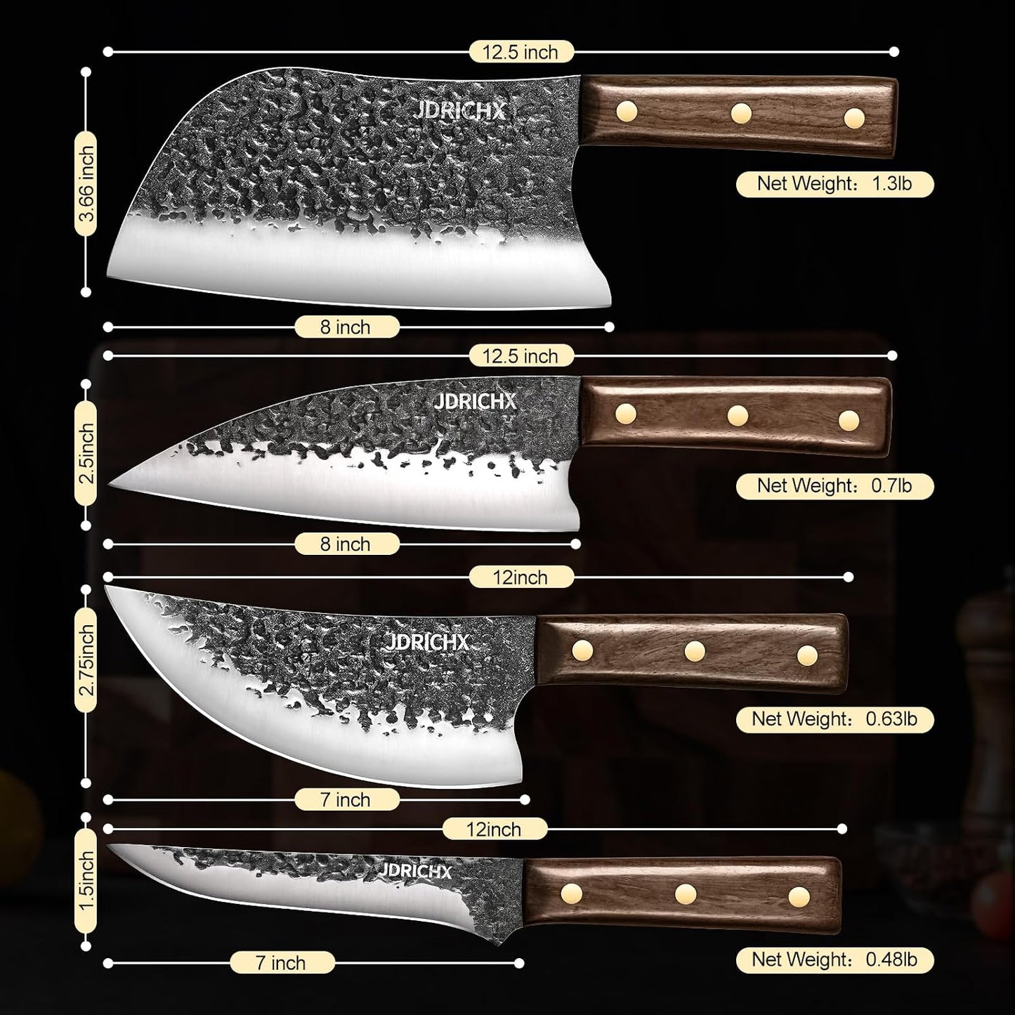 4-Piece Hand Forged Butcher Knife Set with High Carbon Steel | Full Tang Meat Cleaver Set for Bone Cutting, BBQ, Meat Preparation and Outdoor Cooking