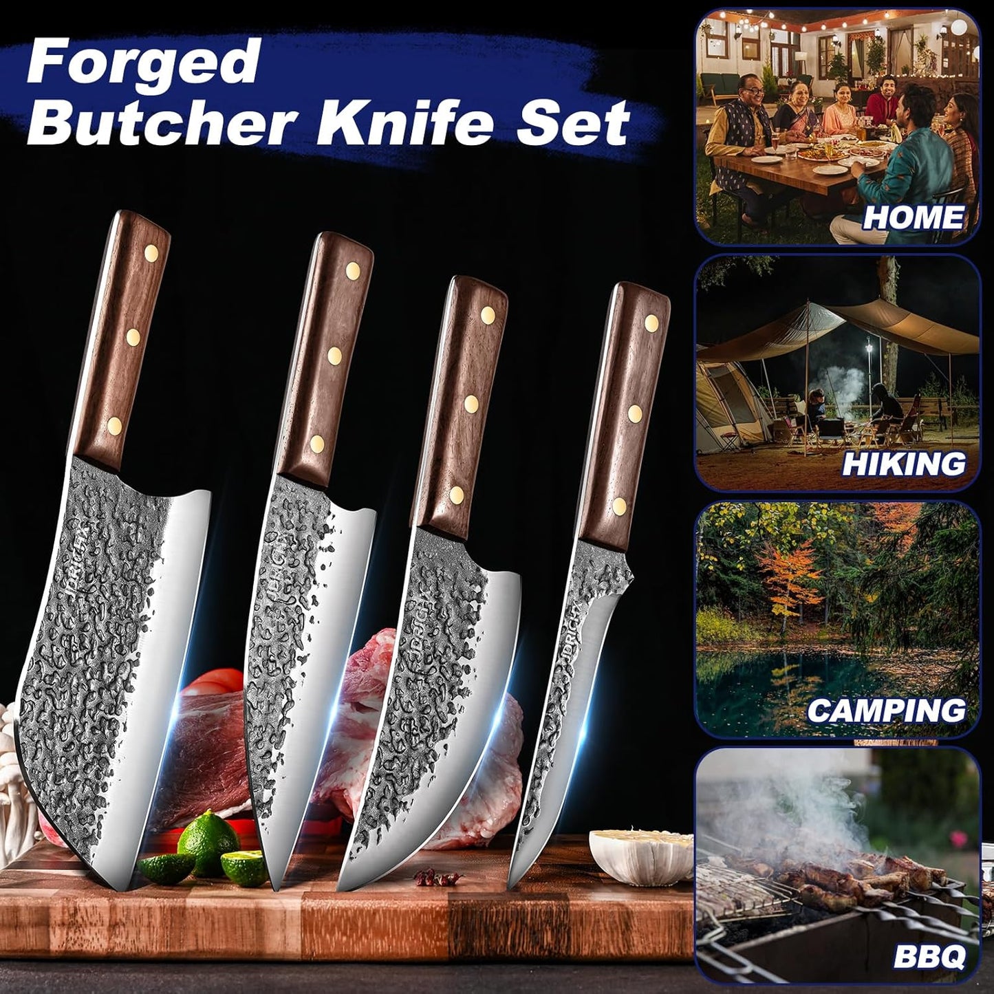 4-Piece Hand Forged Butcher Knife Set with High Carbon Steel | Full Tang Meat Cleaver Set for Bone Cutting, BBQ, Meat Preparation and Outdoor Cooking