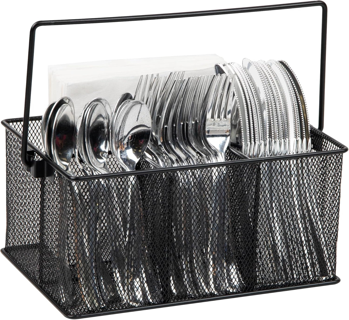 Multi-purpose Storage Caddy with Handle, Desktop Organizer, Cutlery Holder, 4 Compartments, Metal Mesh, Black