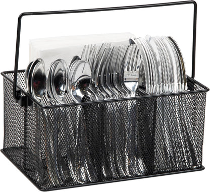 Multi-purpose Storage Caddy with Handle, Desktop Organizer, Cutlery Holder, 4 Compartments, Metal Mesh, Black