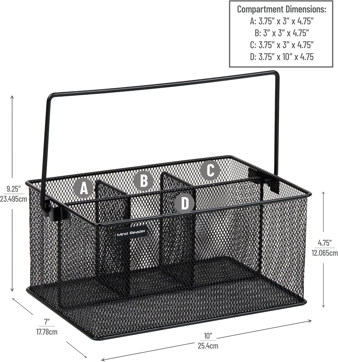 Multi-purpose Storage Caddy with Handle, Desktop Organizer, Cutlery Holder, 4 Compartments, Metal Mesh, Black