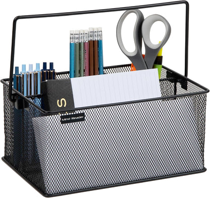 Multi-purpose Storage Caddy with Handle, Desktop Organizer, Cutlery Holder, 4 Compartments, Metal Mesh, Black