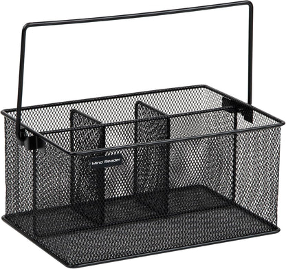 Multi-purpose Storage Caddy with Handle, Desktop Organizer, Cutlery Holder, 4 Compartments, Metal Mesh, Black