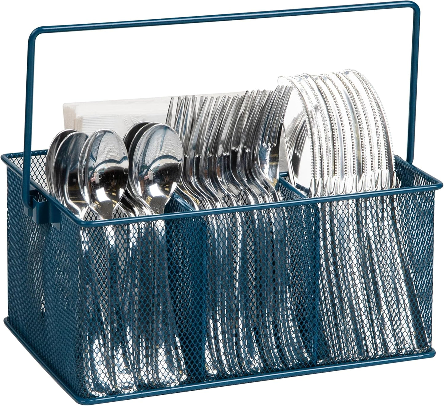 Multi-purpose Storage Caddy with Handle, Desktop Organizer, Cutlery Holder, 4 Compartments, Metal Mesh, Black