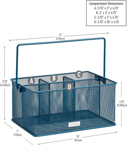 Multi-purpose Storage Caddy with Handle, Desktop Organizer, Cutlery Holder, 4 Compartments, Metal Mesh, Black